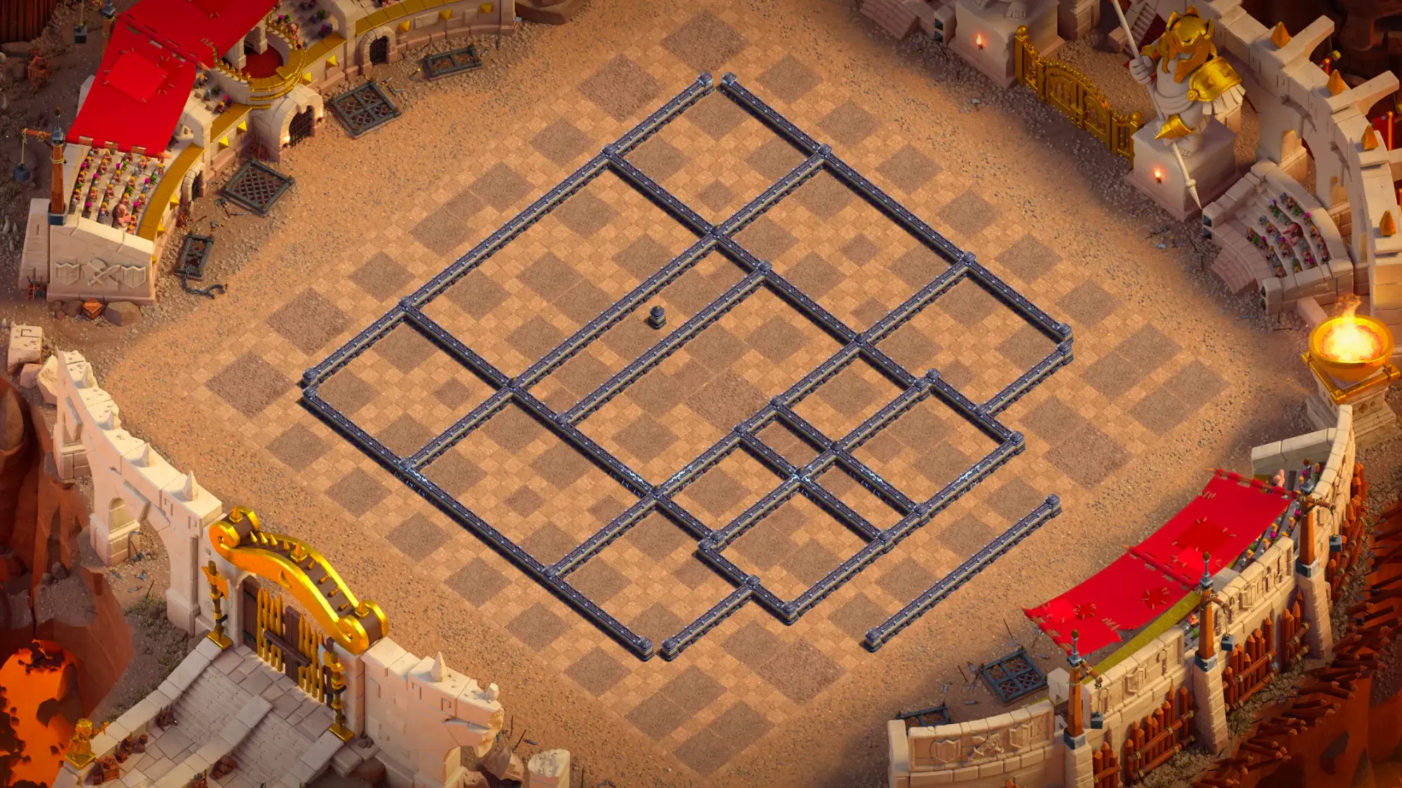 Wall layout of the TH18 anti-2 Hot Candle CWL base, keeping most key defenses inside the walls with 5-tile gaps against Throwers.