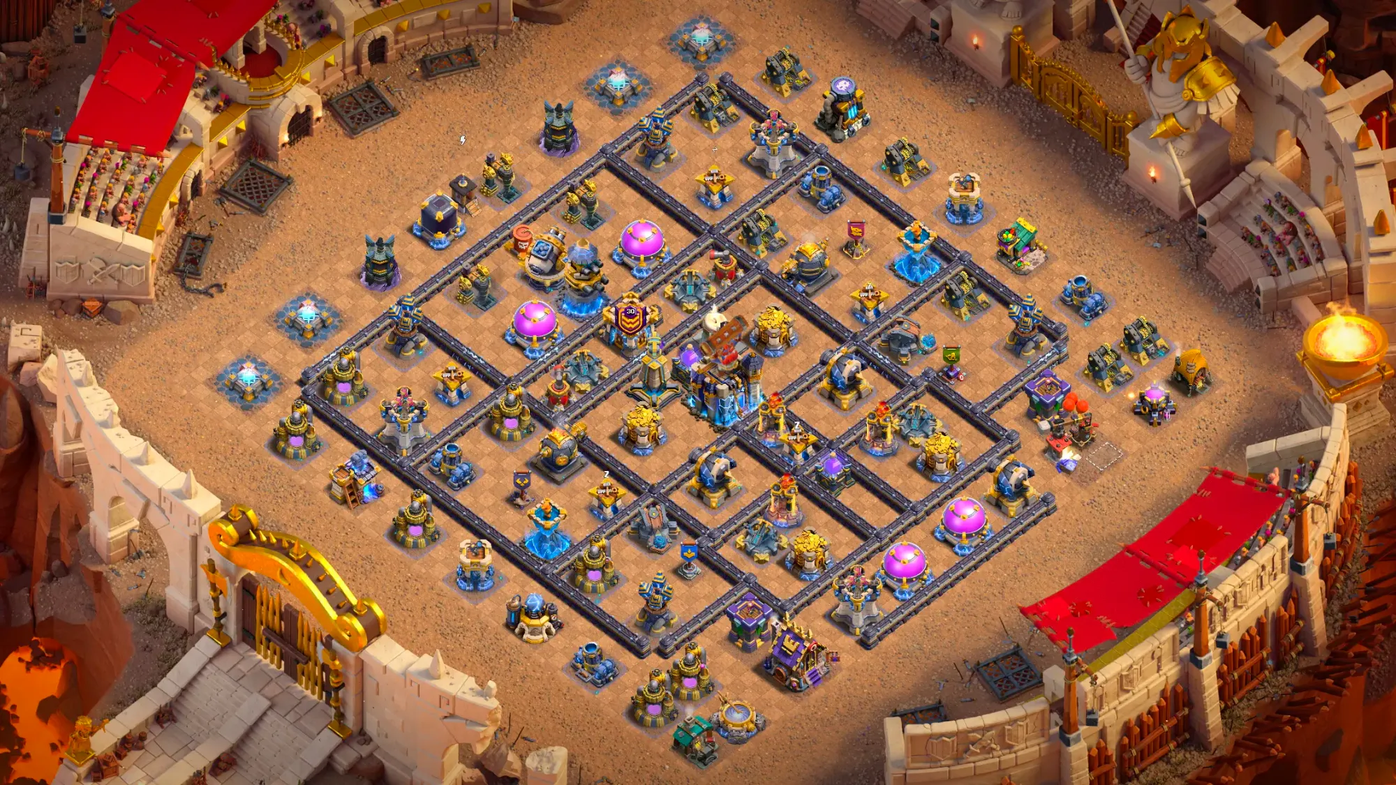 Scout view of the TH18 anti-2 Hot Candle CWL base, with three Multi Inferno Towers at 4:30 and Air Sweepers aimed at the Revenge Tower.