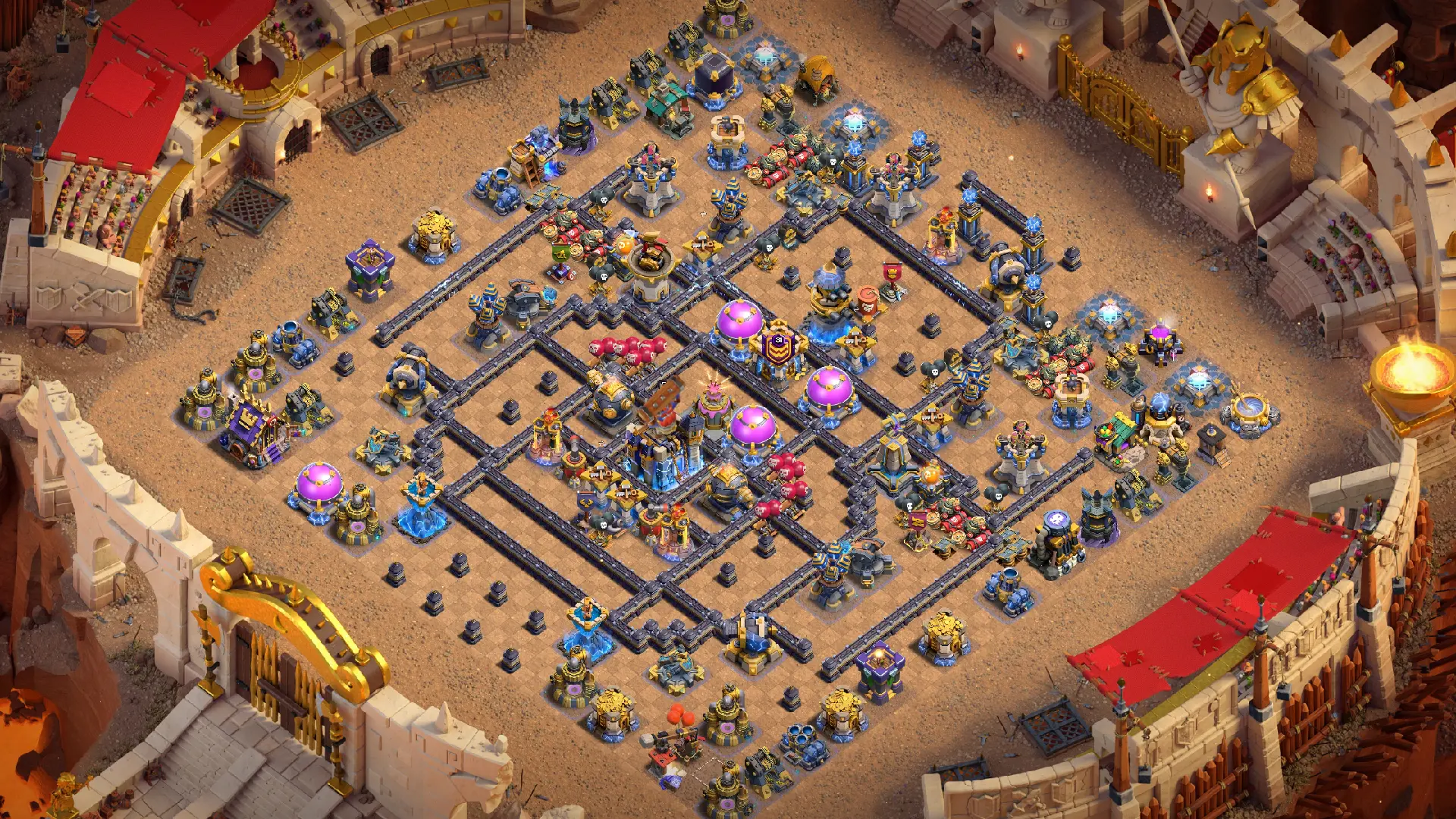 TH18 anti-3 Cake-A-Pult CWL base overview in Clash of Clans. A central Cake-A-Pult sits behind The Logger with strong flanks around it.
