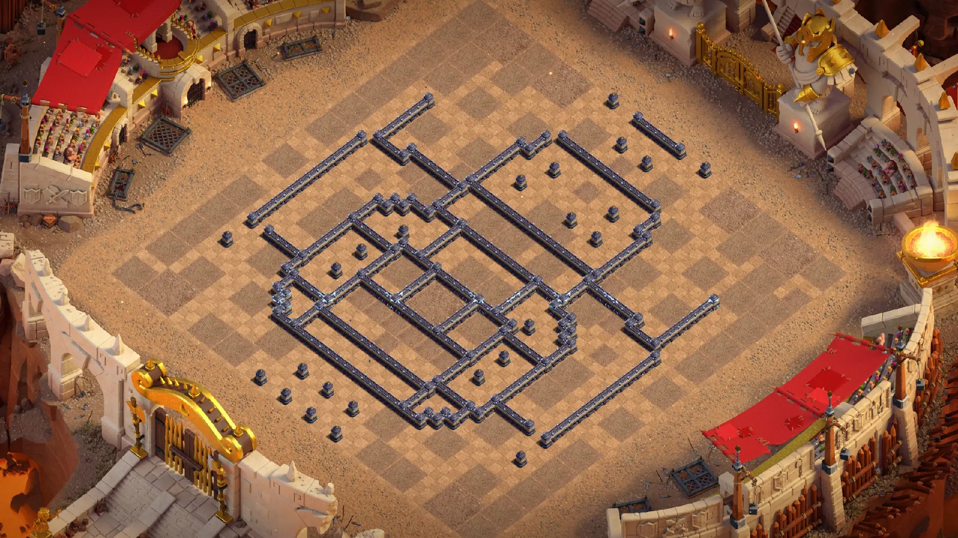 Wall layout of the TH18 anti-3 Cake-A-Pult CWL base, with compartments and dead zones set up to waste Giant Arrows on key defenses.