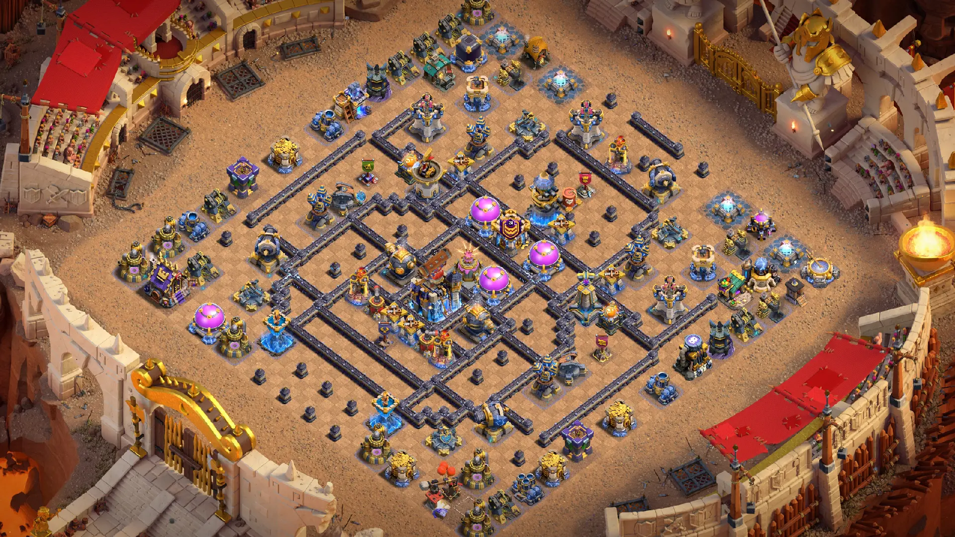 Scout view of the TH18 anti-3 Cake-A-Pult CWL base, with baited flanks for Hero Charges and a Tornado Trap in front of the Town Hall.