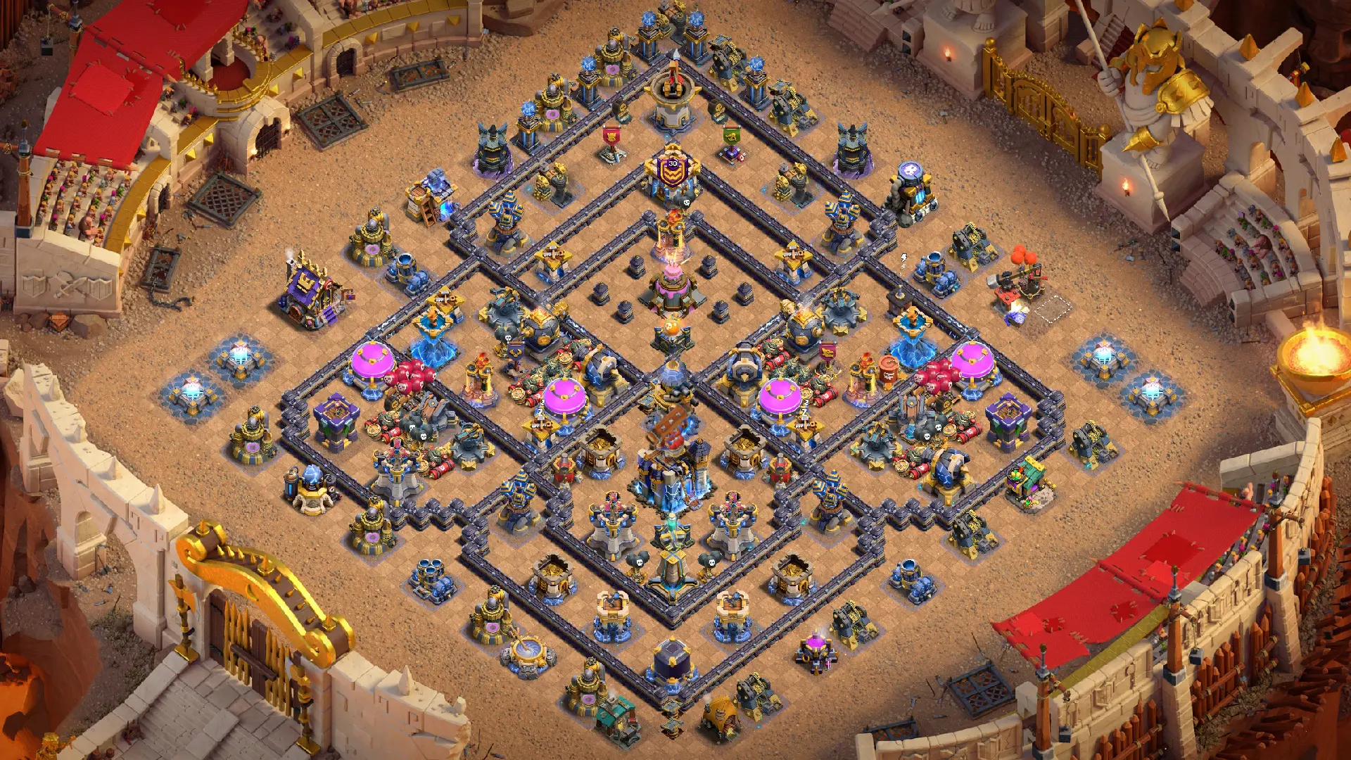 TH18 anti-3 Cake-A-Pult CWL base overview in Clash of Clans. The Town Hall hides under an Invisibility Spell Tower, away from the cake.