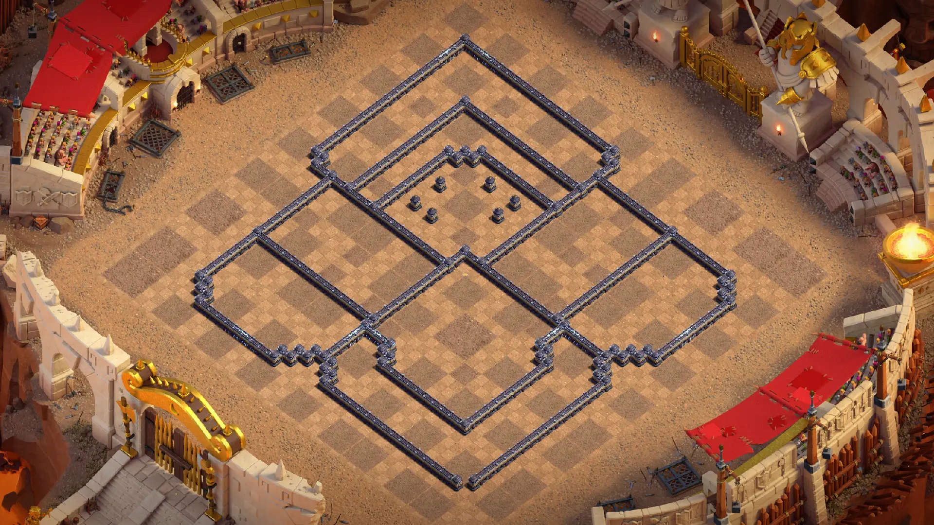 Wall layout of the TH18 anti-3 Cake-A-Pult CWL base, with diamond compartments splitting the Town Hall zone from the Cake-A-Pult zone.