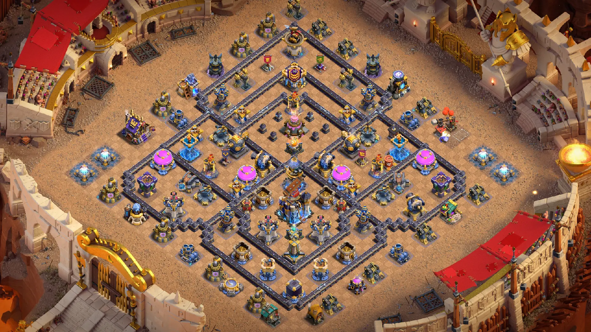 Scout view of the TH18 anti-3 Cake-A-Pult CWL base, with the Clan Castle, King and Queen at the top and key defenses 5 tiles apart.