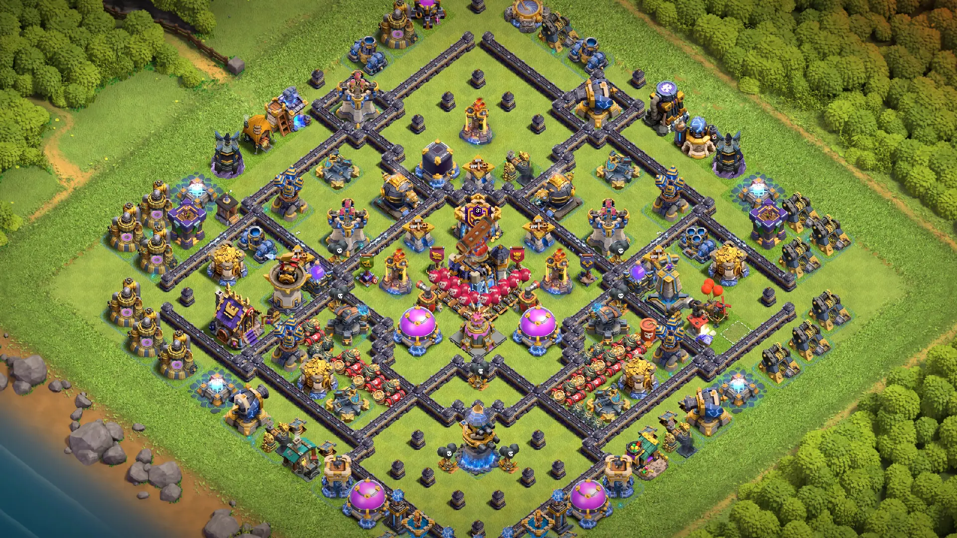 TH18 anti-2 Cake-A-Pult Legend League base overview in Clash of Clans. The central Cake-A-Pult is backed by the Guardian, King and Duke.