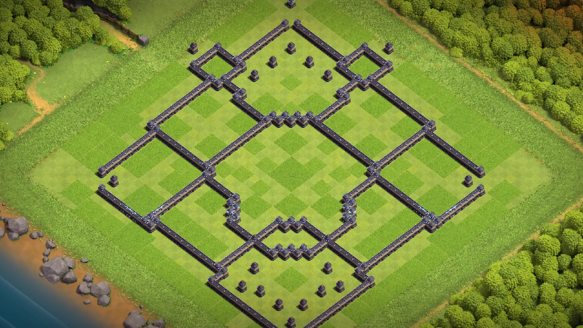 Wall layout of the TH18 anti-2 Cake-A-Pult Legend base, built to break Hero funnels and Siege Machine paths into the core.