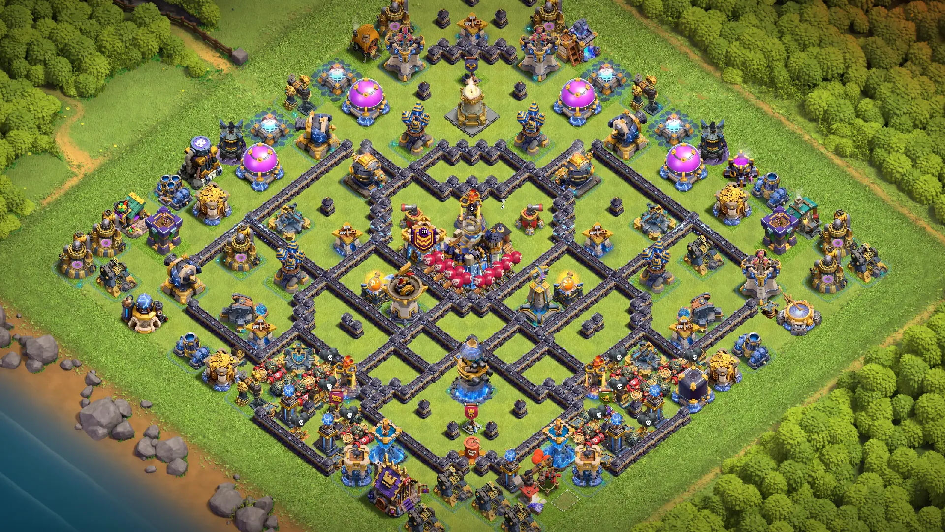 TH18 anti-2 Hot Candle ranked base overview in Clash of Clans. The Hot Candle section scrambles Hero pathing and breaks Queen Charges.