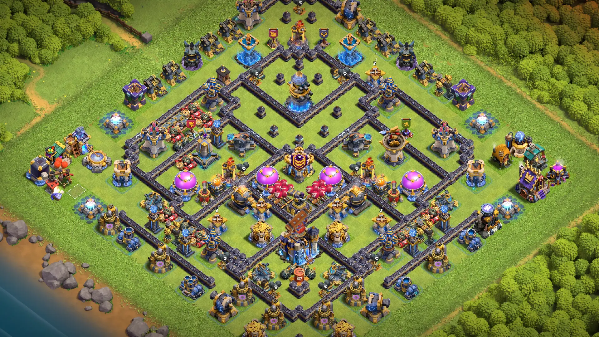 TH18 anti-3 Hero Hunter ranked base overview in Clash of Clans. The Hero Hunter behind the Town Hall deals double damage to Heroes.