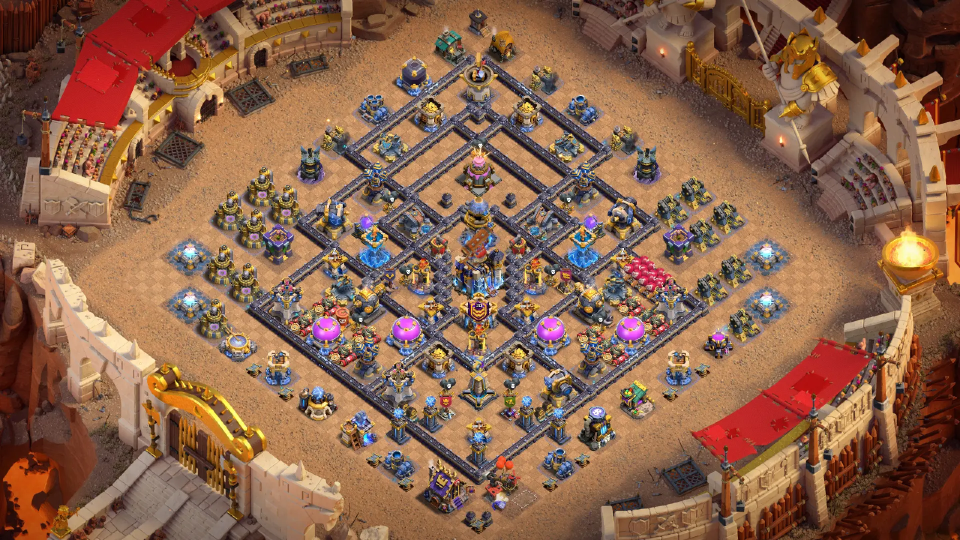 TH18 anti-2 Cake-A-Pult war base overview in Clash of Clans. A centered Town Hall with The Logger and the Cake-A-Pult alone at the top.