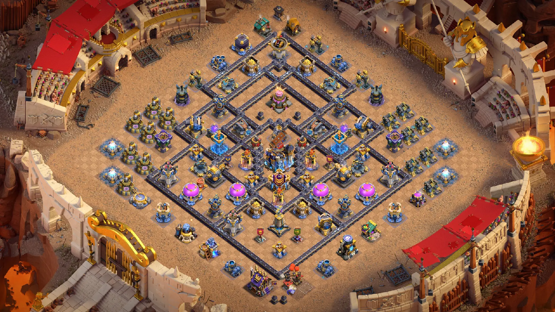 Scout view of the TH18 anti-2 Cake-A-Pult war base, with the Clan Castle, Multi Inferno Towers and Revenge Tower behind the Town Hall.