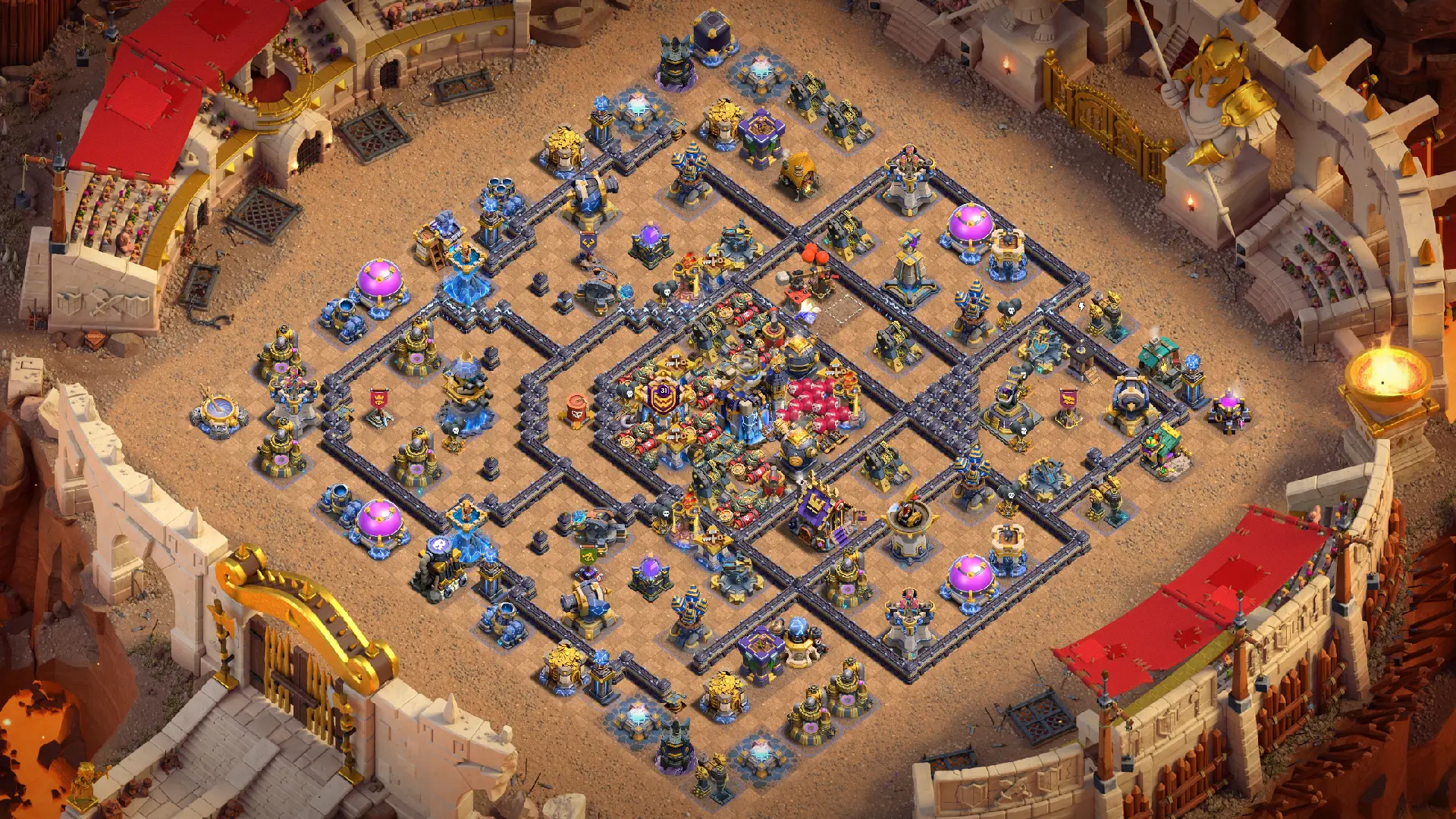 TH18 anti-2 Hero Hunter war base overview in Clash of Clans. Hero Hunter section punishes enemy Heroes, backed by two high-DPS sides.
