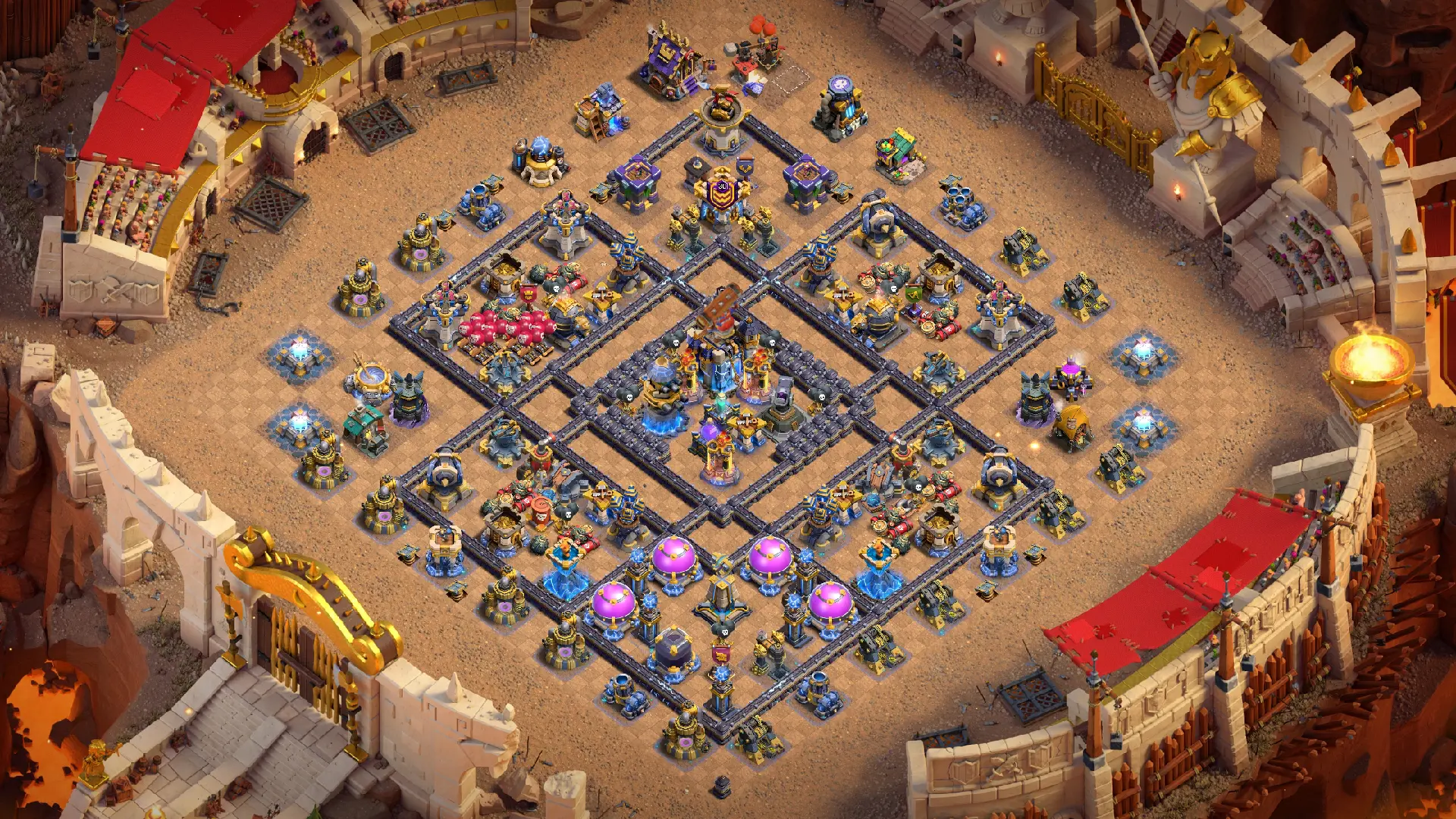 TH18 anti-2 Hero Hunter war base overview in Clash of Clans. The core holds the Town Hall, Hero Hunter and Multi Inferno Towers.