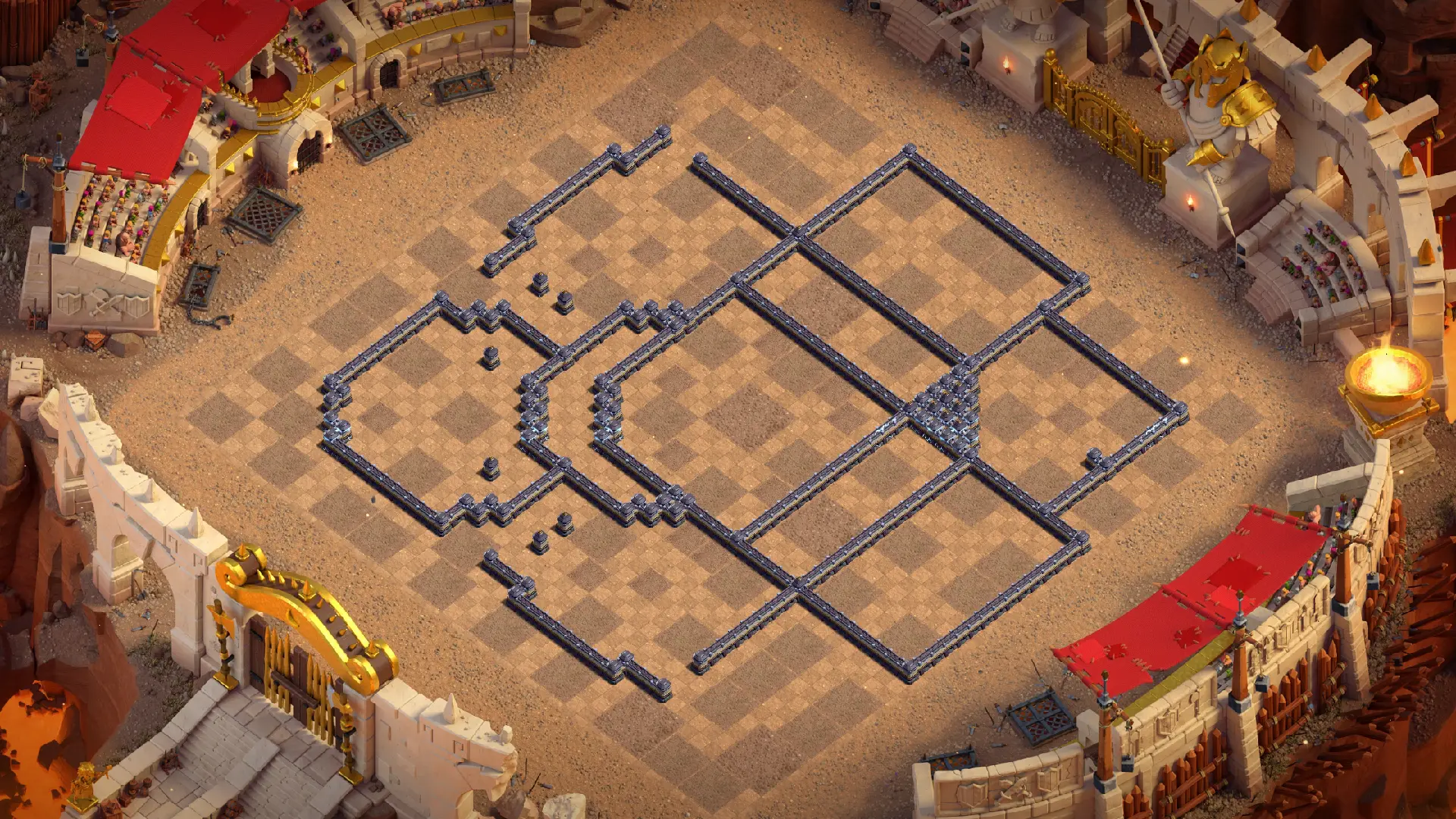 Wall layout of the TH18 anti-2 Hero Hunter war base, with layered compartments around the core that slow Thrower and Super Bowler pushes.
