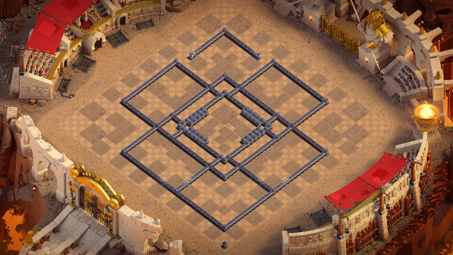 Wall layout of the TH18 anti-2 Hero Hunter war base, with wall layers 4 tiles apart so the Archer Queen cannot hit the core from outside.