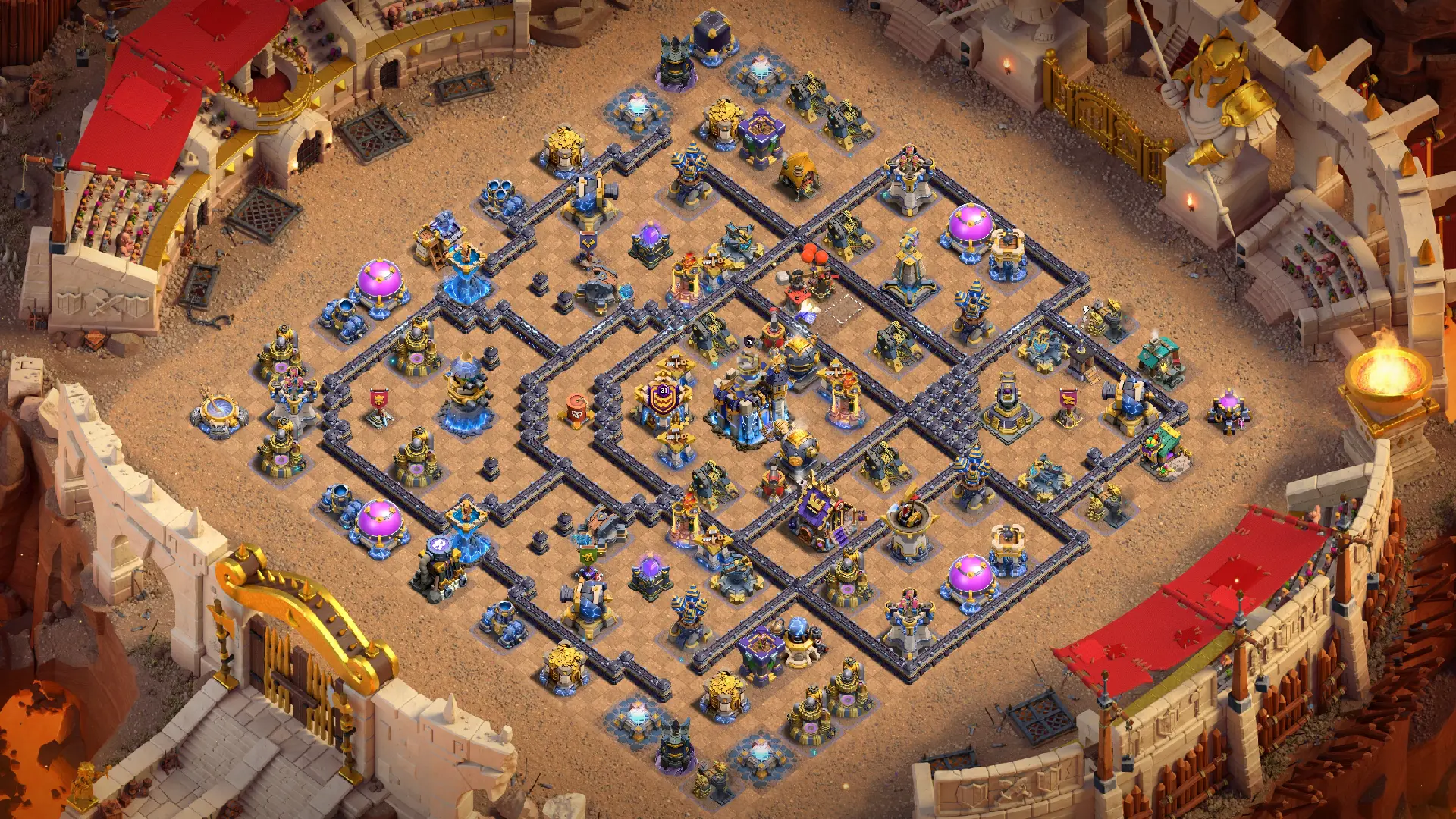 Scout view of the TH18 anti-2 Hero Hunter war base, showing the isolated Revenge Tower and Bombs plus Air Bombs set at the Town Hall.