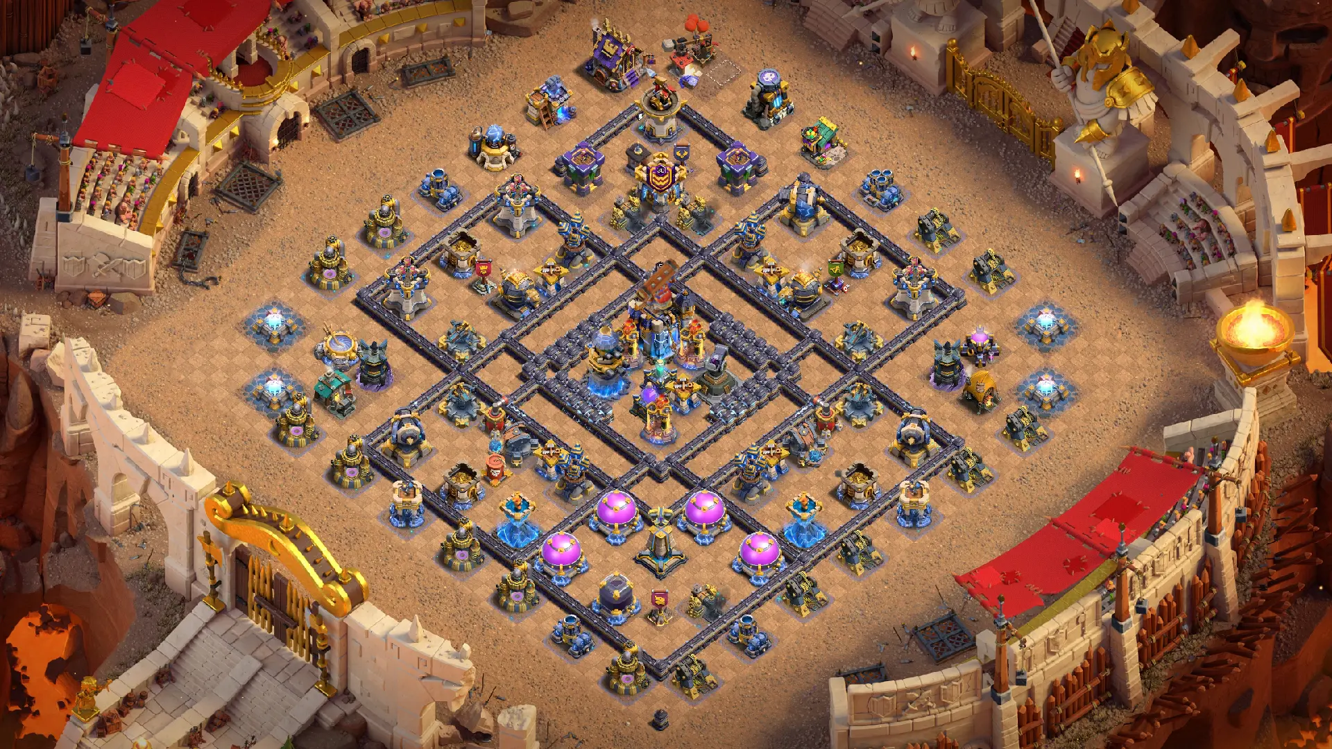 Scout view of the TH18 anti-2 Hero Hunter war base, with an Invisibility Spell Tower over the core and spread defenses for ground and air.