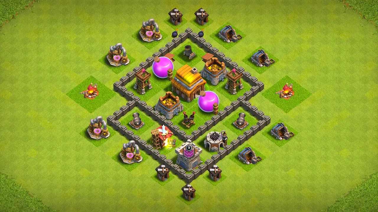 th4 farming base layout with copy link. anti 2 star design for clash of clans town hall 4 base