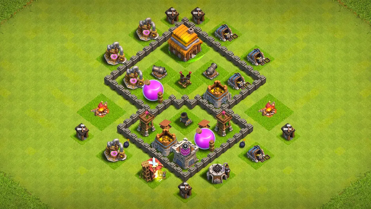 th4 farming base layout with copy link. anti 3 star design for clash of clans town hall 4 base