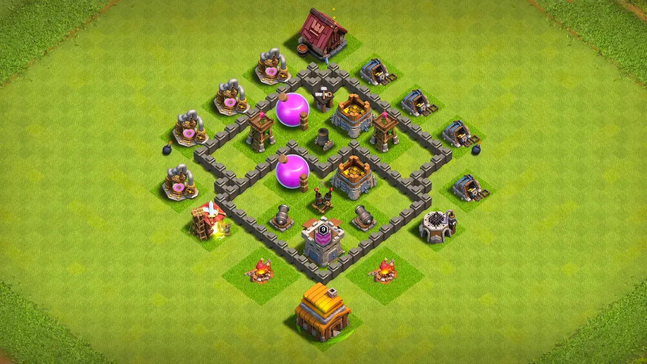 th4 farming base layout with copy link. anti 3 star design for clash of clans town hall 4 base