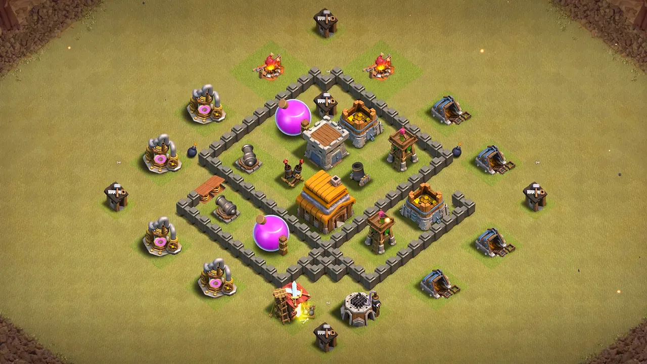 th4 war base layout with copy link. anti 2 star design for clash of clans town hall 4 base