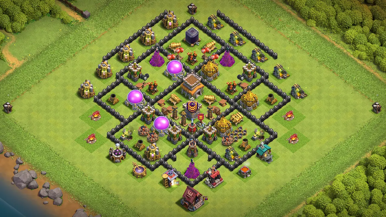 th8 trophy base layout with copy link. anti 2 star design for clash of clans town hall 8 base
