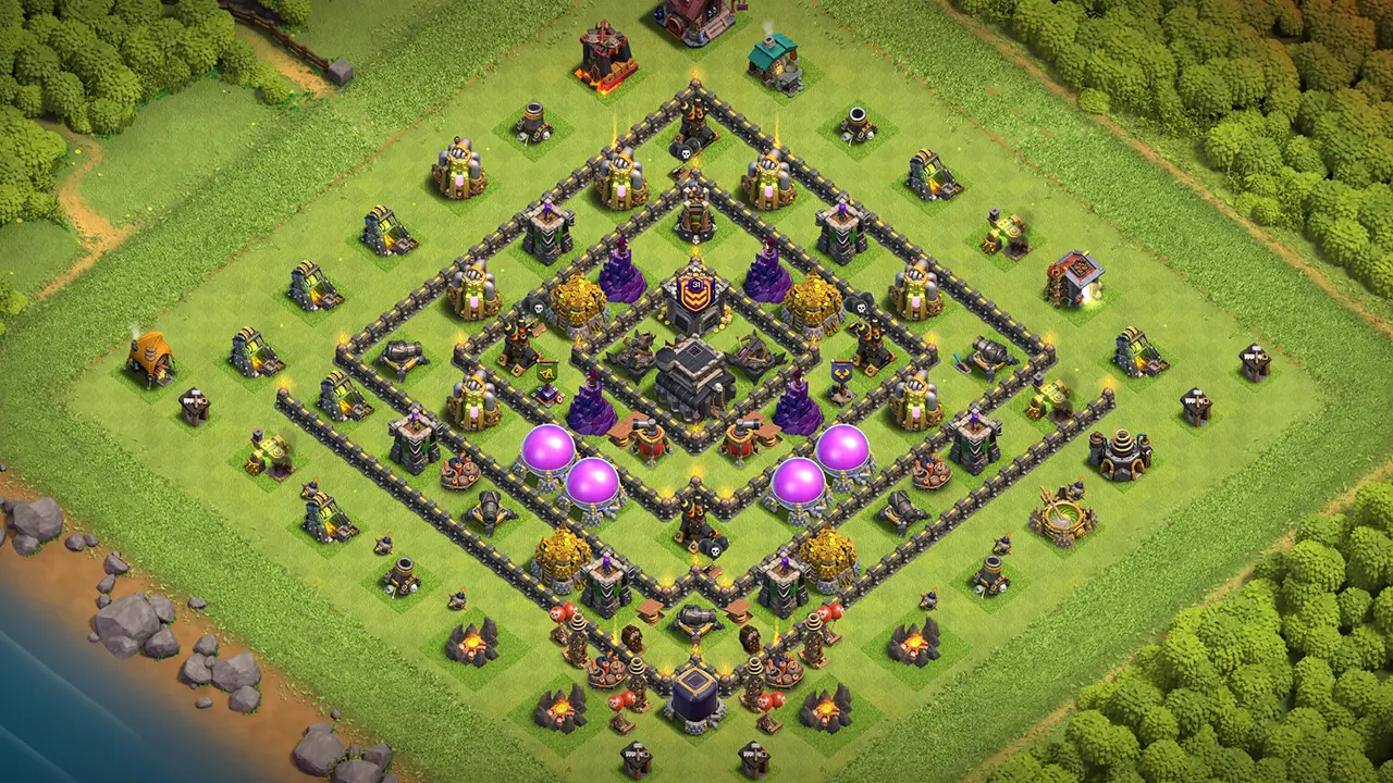 th9 trophy base layout with copy link. anti 2 star design for clash of clans town hall 9 base