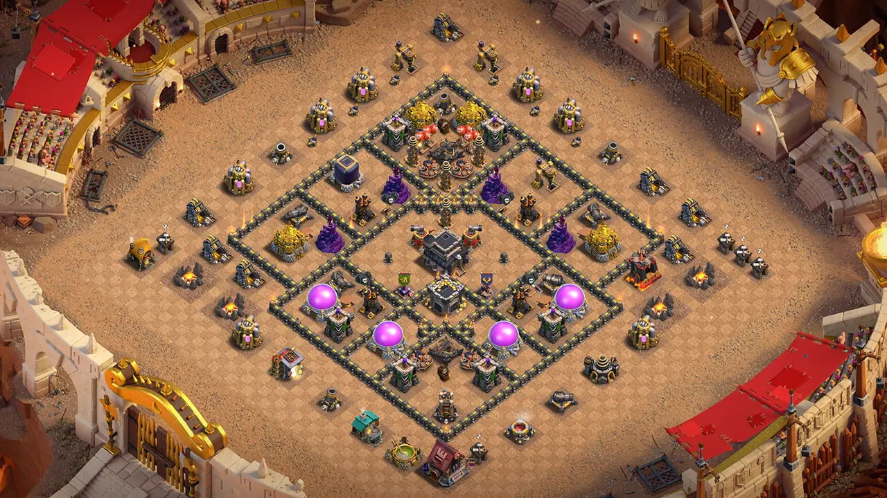 th9 war base layout with copy link. anti 2 star design for clash of clans town hall 9 base