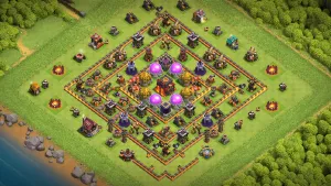 TH10 Anti-2 Farming Base layout with symmetrical ring design, protected core storages, double Single Infernos, and strong loot-defense setup.