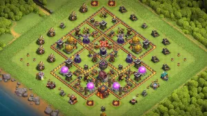 TH10 Anti-3 Farming Base layout with box-style design, protected core storages, single-target Infernos, and outer-ring defensive setup for loot protection.