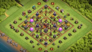 TH10 Anti-2 Trophy Base layout with symmetrical box design, double single Infernos, core Tornado Trap, and tight trash ring for trophy defense.