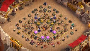 TH10 Anti-2 War Base layout with diamond design, split Infernos, Tesla farm, X-Bow islands, and flexible defense options for ground and air attacks.