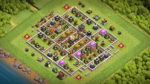 TH11 Anti-2 Farming Base layout with box design, protected storages, Valkyries for anti–Sneaky Goblin defense, and guarded Town Hall.