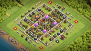 TH11 Anti-3 Farming Base layout with box design, spread storages, anti–Sneaky Goblin defense, and protected resource buildings.