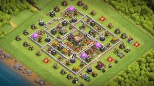 TH11 Anti-2 Trophy Base layout with core Town Hall, X-Bows, hero support, and Air Sweepers protecting the Eagle Artillery.