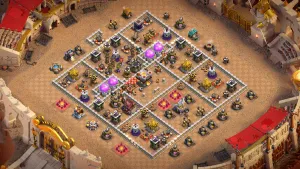TH11 Anti-2 War Base layout with forced Eagle-side entry, triple-hero Tesla back-end, Single Inferno anti-Dragon defense, and Giant Bombs for anti-Witch pathing.