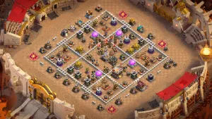 TH11 Anti-3 CWL Base layout with low-value Infernos, strong trash-layer walls, Tesla farm and Prince anti-Dragon defense, and Bombs for anti-Witch paths.