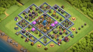 TH12 Anti-2 Farming Base layout with far Town Hall placement, trapped core, anti–Sneaky Goblin pathing, and defenses that slow Dragons and ground troops.