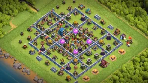 TH12 Anti-3 Farming Base layout with Valkyrie support against Super Goblins, Witch defense for Dragons, and protected resource collectors.