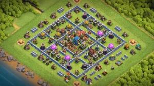 TH12 Anti-2 Trophy Base layout with a high-damage core, trapped 4:30 entry, and defense strong enough to stop higher Town Hall attacks.