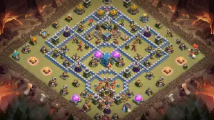 TH12 Anti-2 War Base layout with Tesla anti–LavaLoon setup, anti–Queen Charge top side, Spring Traps for Hogs, red traps for Sui LavaLoon, and Black Mines for Dragons.