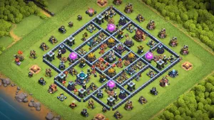 TH13 Anti-3 Farming Base layout with compact box core, strong DPS center, spaced storages, and Sneaky Goblin traps designed for loot protection.
