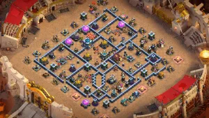 TH13 Anti-3 CWL Base layout with asymmetric design, baited 12 and 9 o’clock entries, core Black Mines for Dragons, and CWL trap setup.