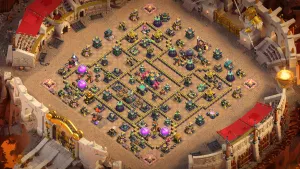 TH14 Anti-2 War Base layout with baited Multi Infernos, Spring Traps for Headhunters, and anti-spam defense designed to stop 2-star attacks (2025).