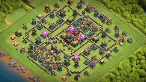 TH17 Anti-2 Farming Base Layout with box-style core, trap bait at 8 o’clock, and Crusher Mortar trap at 2 o’clock (2025)