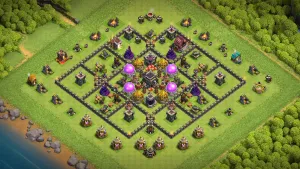 TH9 Anti-2 Farming Base layout with symmetrical ring design, centralized Town Hall and storages, and strong protection against lower Town Hall attacks.