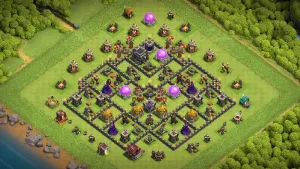 TH9 Anti-3 Farming Base layout with box-style design, protected storages, covered resource buildings, and optional Dark Elixir swap for extra protection.