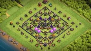 TH9 Anti-2 Trophy Base layout with compact ring design, centralized Town Hall and X-Bows, and tight trash ring for trophy defense.