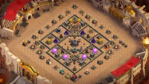 TH9 Anti-2 War Base layout with wide box design, centralized Town Hall, flanking X-Bows, internal traps, and baited backend for anti-LaLo and anti-Hog defense.
