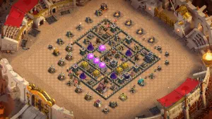 TH9 Anti-3 CWL Base layout with asymmetrical box design, Y-shaped Air Defenses, even DPS spread, and strong anti–Queen Charge and anti-air defenses.