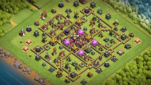 TH14 Anti-3 Farming Base layout with core storages, heavy trap protection, dual Multi Infernos, well-placed Dark Elixir Storage, and Air Sweepers pointing to stop Dragon attacks (2025).